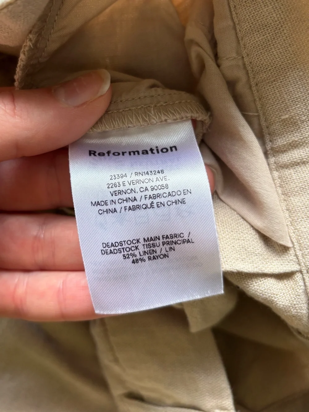 Reformation Earl Linen Pleated High Waisted Wide Leg Trouser Pants Oatmeal Beige